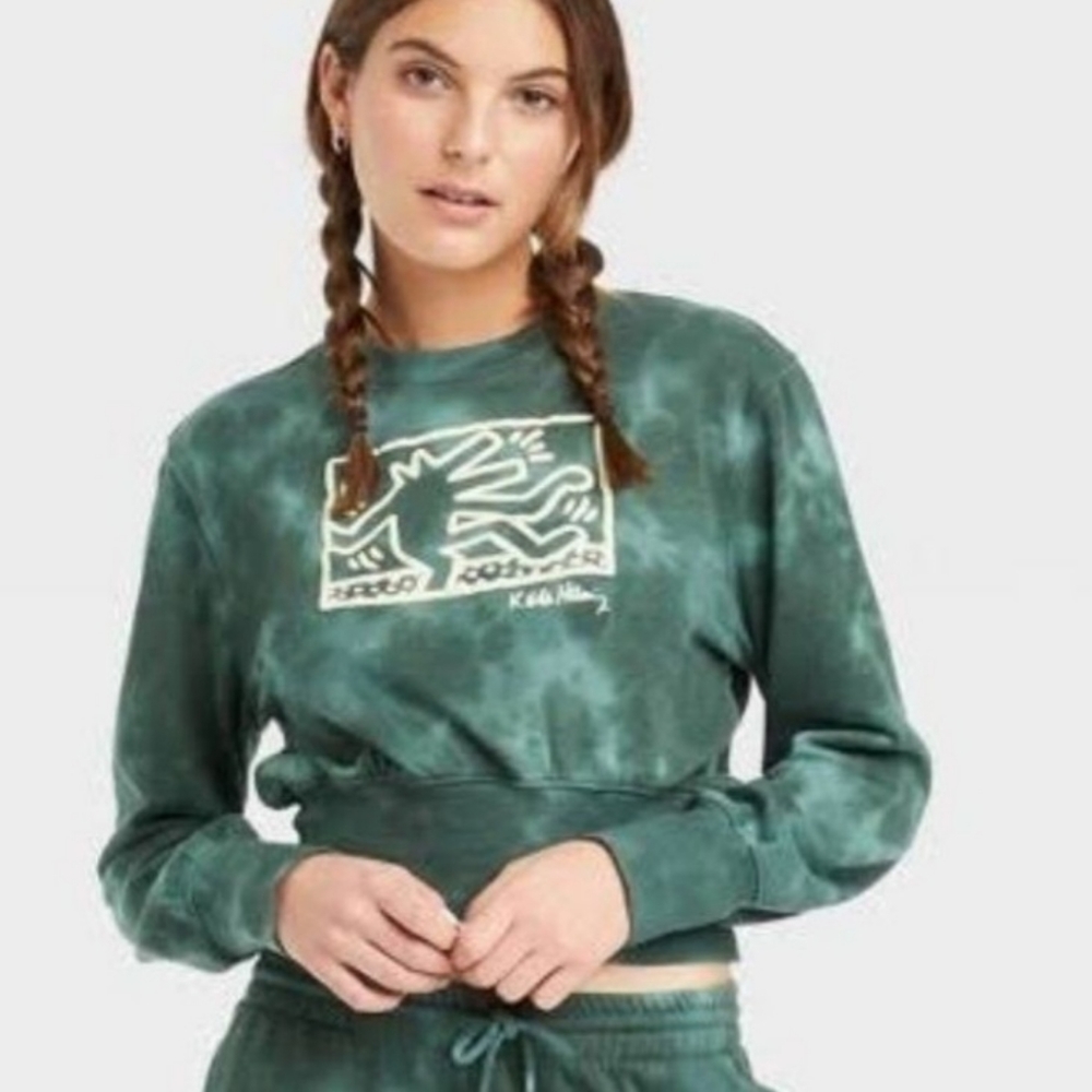 Keith Haring Womens Graphic Green Tie Dye Crop Sweatshirt Size XXL